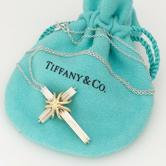 20" Tiffany & Co Mens Unisex Silver 18K Gold Cross Crucifix Pendant Necklace - Picture 1 of 5